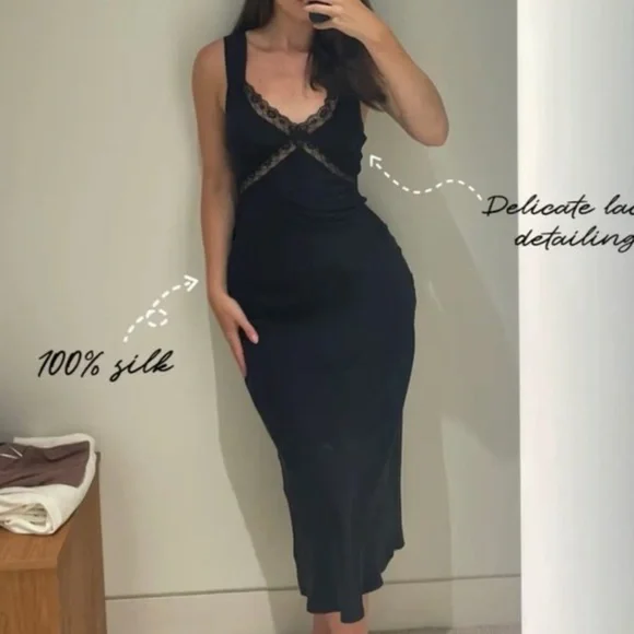 Reformation Provence Silk Midi Dress - Black Noir Lace Trim Soft Cocktail Party - Picture 2 of 12